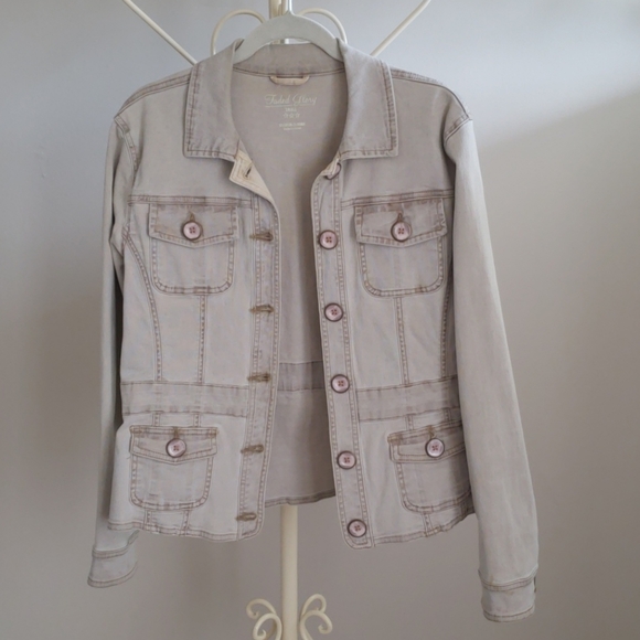 🍊Khaki distressed Stretch jean jacket S - Picture 1 of 7